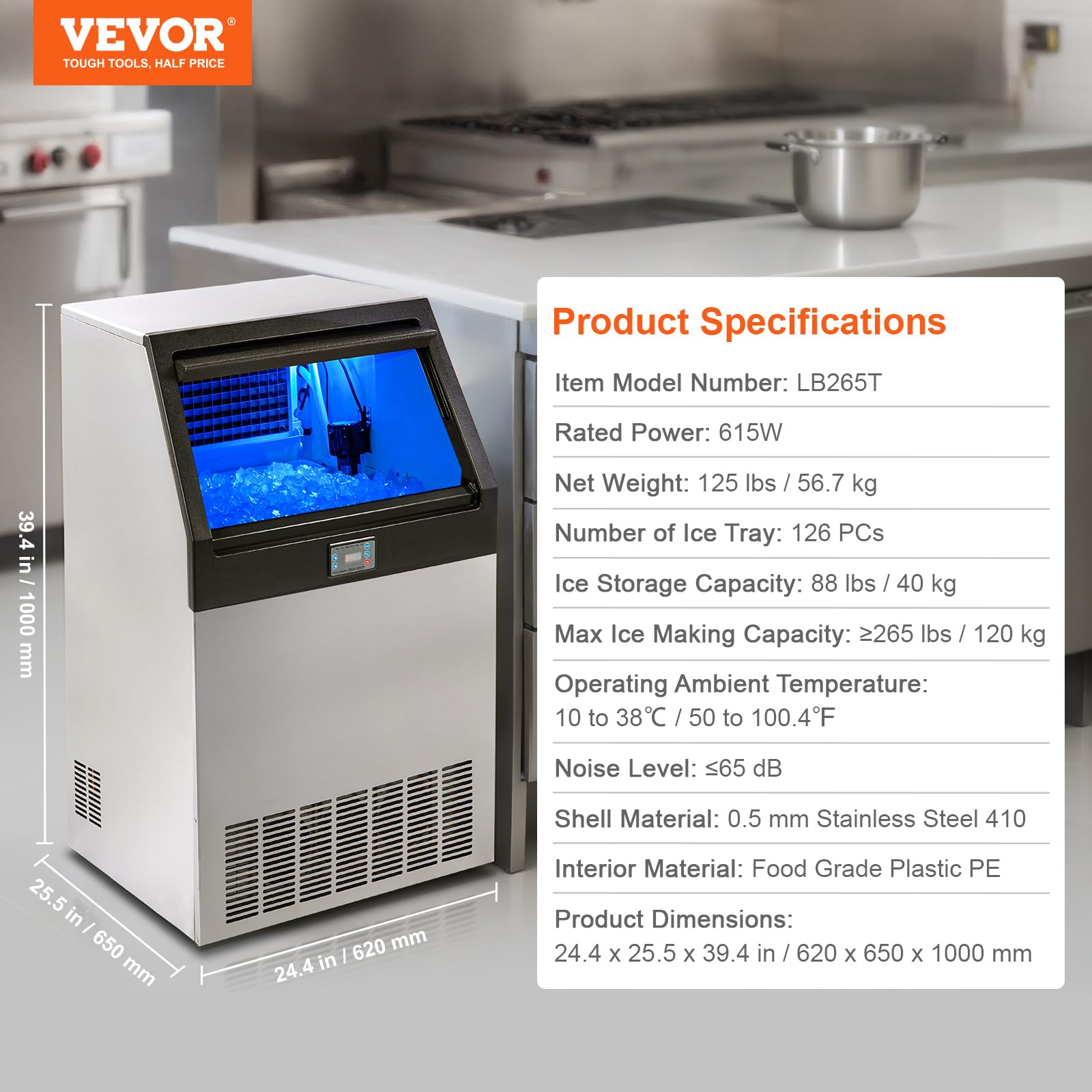 VEVOR Commercial Ice Maker Machine, 265lbs/24H, Ice Maker Machine, 126 Ice Cubes in 12-15 Minutes, LED Digital Display Free Standing Ice Maker with 88lbs Storage Capacity, for Home Office Restaurant