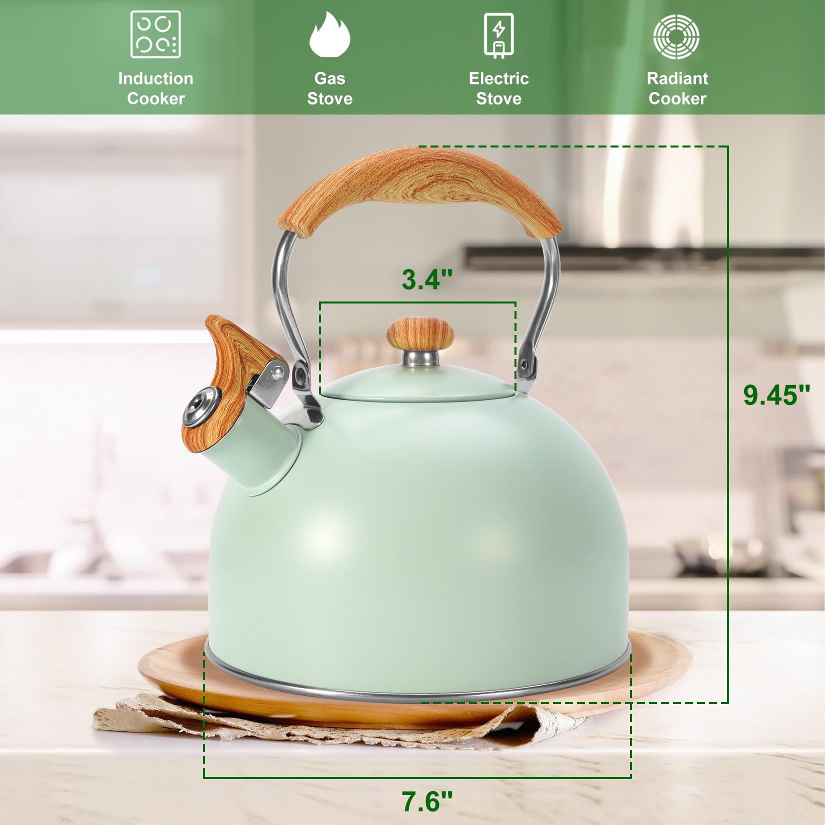 Foedo Tea Kettle Stovetop, 2.6 Quart cute teapot,loud whistle kettle, Food Grade Stainless Steel with Fold wood grain handle, Mint Green,With Anti Scald Towel