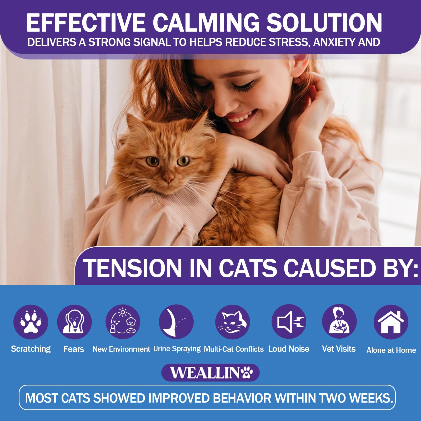 WEALLIN Cat Pheromones Calming Diffuser - Cat Calming Diffuser Kit Relieve Anxiety & Stress - 5-in-1 Cat Pheromone Diffuser Kit with 1 Diffuser + 4 Refill 48ml Vial-120 Days of Comfort and Relaxation