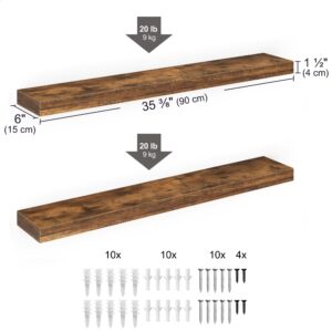 Ballucci Floating Shelves, 36" Wood Wall Shelf Set of 2, with Invisible Brackets for Bathroom, Living Room, Bedroom, Kitchen, Nursery, 6" Deep, Rustic Brown