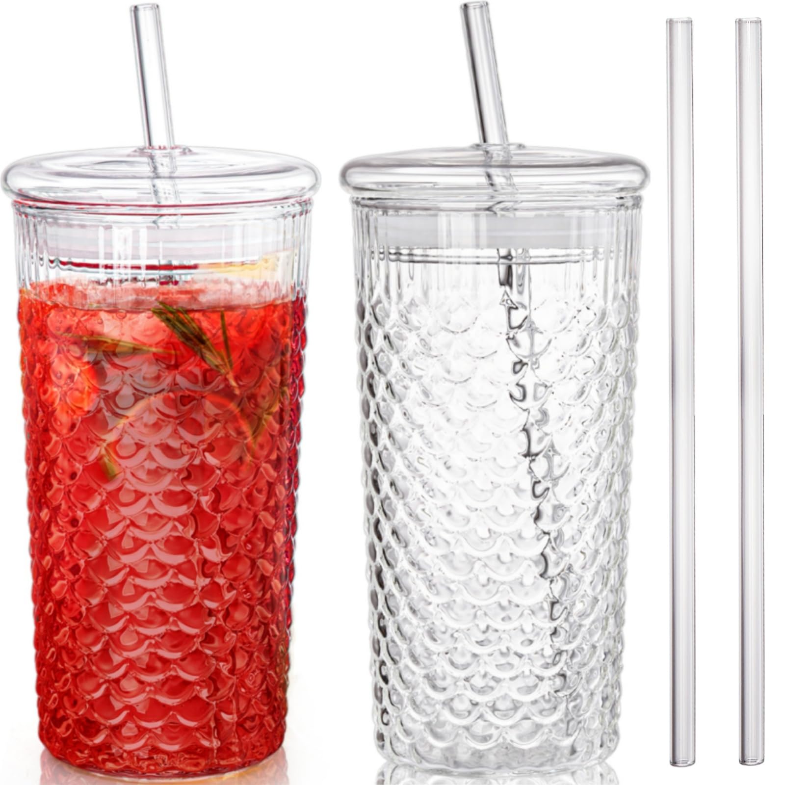 Tlence 2 Pack Glass Tumbler Cup With Lids and Straws, 25 OZ High Borosilicate Iced Coffee Cup, Embossed Fish Scale Glass Travel Mug for Smoothie Bubble Tea Juice Milk Water