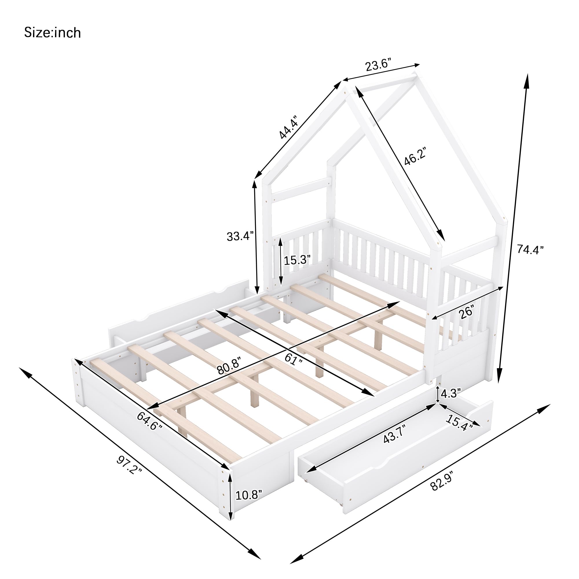 SOFTSEA Queen Size House Bed for Kids, Floor Bed Frame with 2 Storage Drawers, Low Wood Bed Frame with Guardrails and Roof, House Shaped Bed for Kids, White