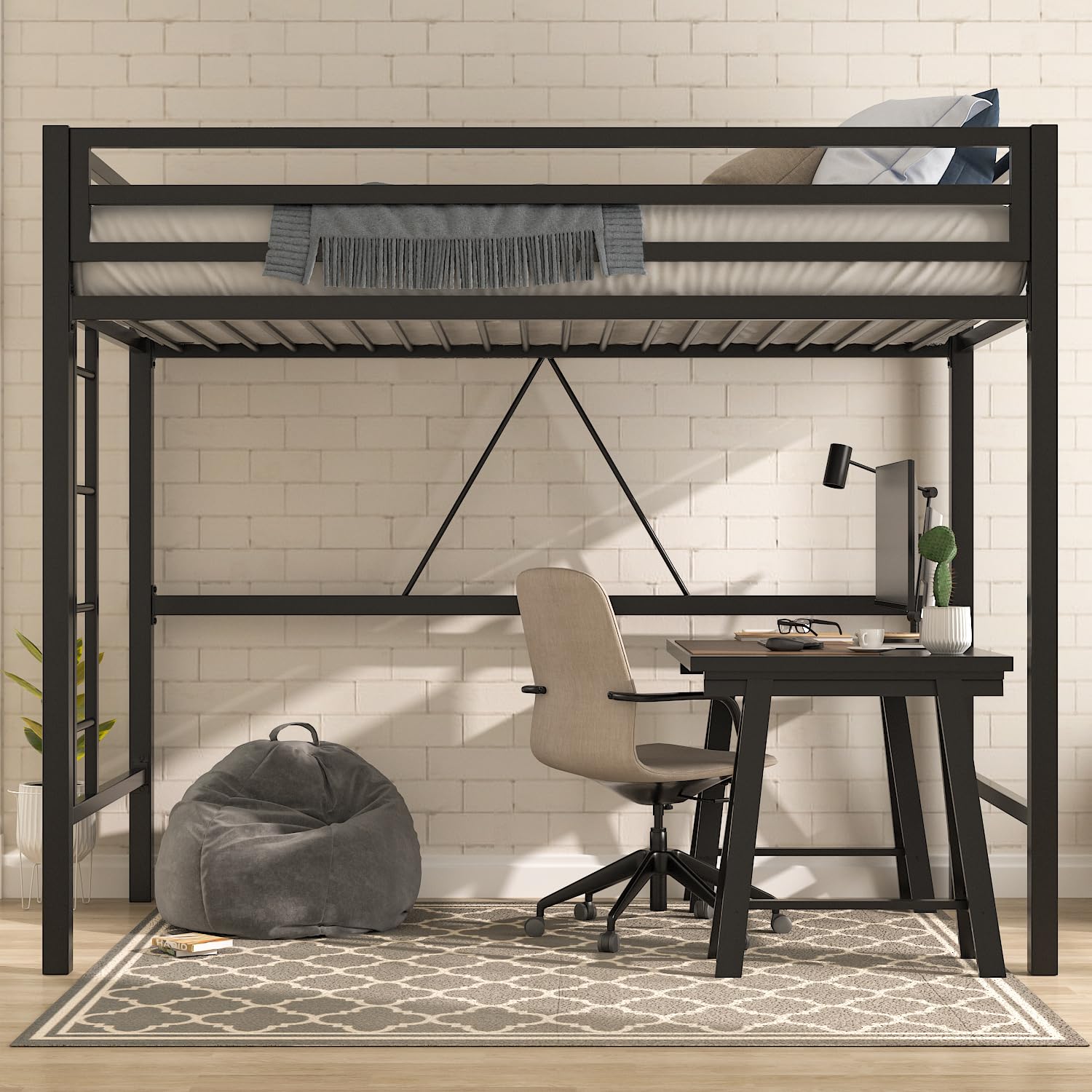 MUTICOR Loft Bed Frame for Juniors&Adults, Metal Loft Bed Twin Size with Safety Guardrail&Removable Ladder, Space-Saving, Noise Free, Matte Black