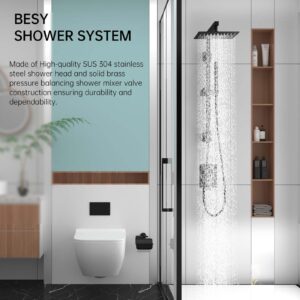 BESy Brass Shower Arm, Square 10 Inch Rainfall Shower Head with Handheld Spray Combo, Dual Showerhead Rain Set 2 Setting Hand Held Sprayer with Adjustable Slide Bar, With Shower Hose, Matte Black