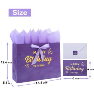 16.5" Extra Large Purple Painting Gift Bag Set with Greeting Card and Lavender Tissue Papers (Gold Foil Happy Birthday) for Women's Birthday Party, Girls' Birthday Parties, Baby Shower, Baby Girl - 16.5”x5.5”x12.6”, 1 Pcs.