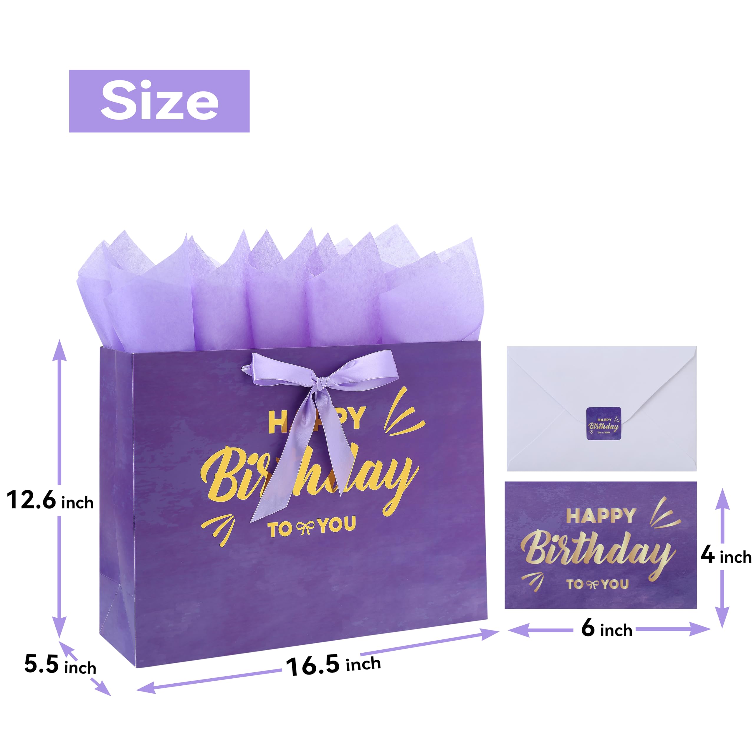 16.5" Extra Large Purple Painting Gift Bag Set with Greeting Card and Lavender Tissue Papers (Gold Foil Happy Birthday) for Women's Birthday Party, Girls' Birthday Parties, Baby Shower, Baby Girl - 16.5”x5.5”x12.6”, 1 Pcs.