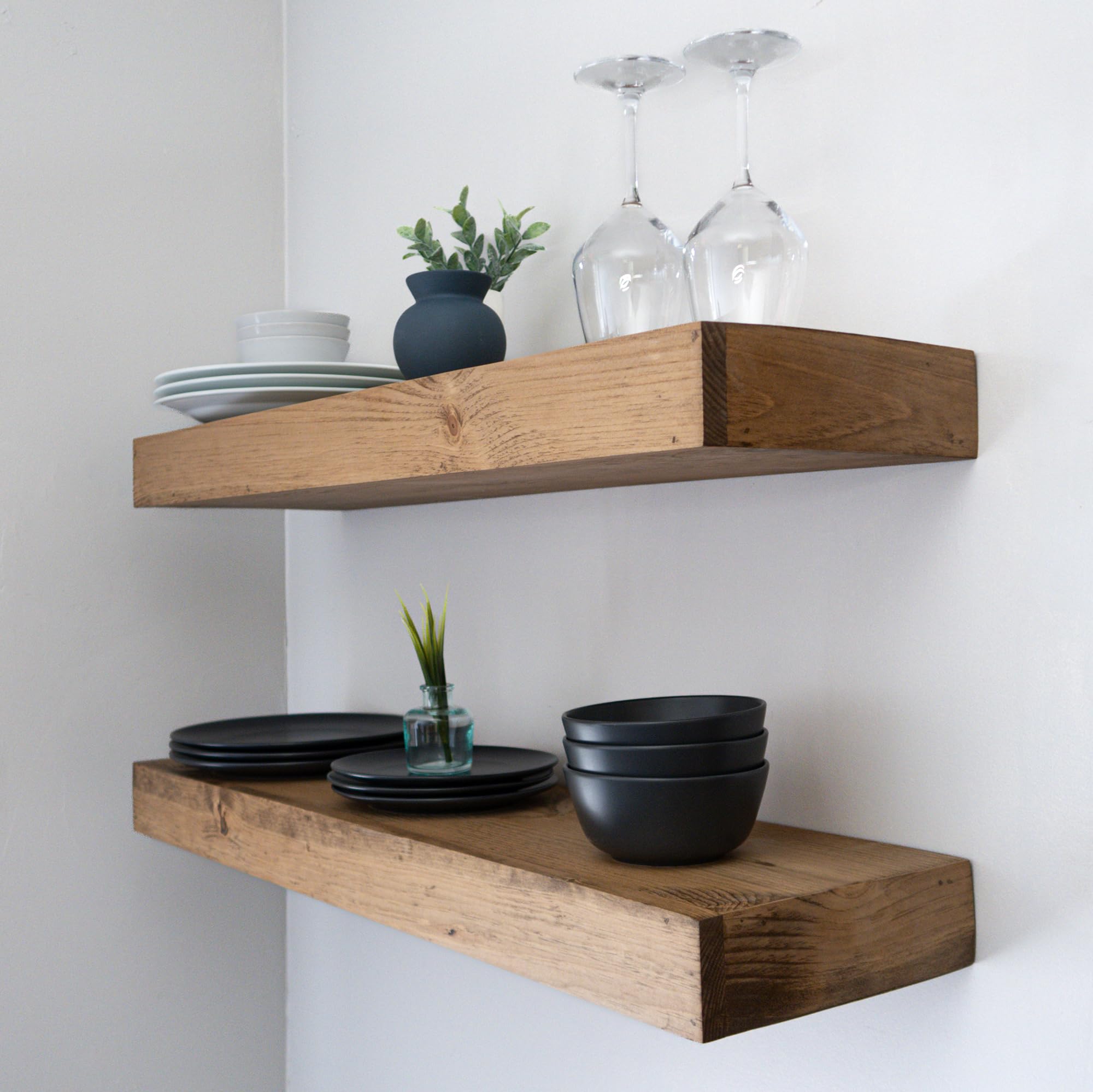 Urbandi Modern Floating Shelves 3 Inches Thick for Wall, Wide Shelves for Kitchen, Living Room, Bedroom, and Bathroom, Natural Pine Wood, Rustic Wooden Shelf, (Set of 2) (Aged Oak, 36Lx3Hx8D)