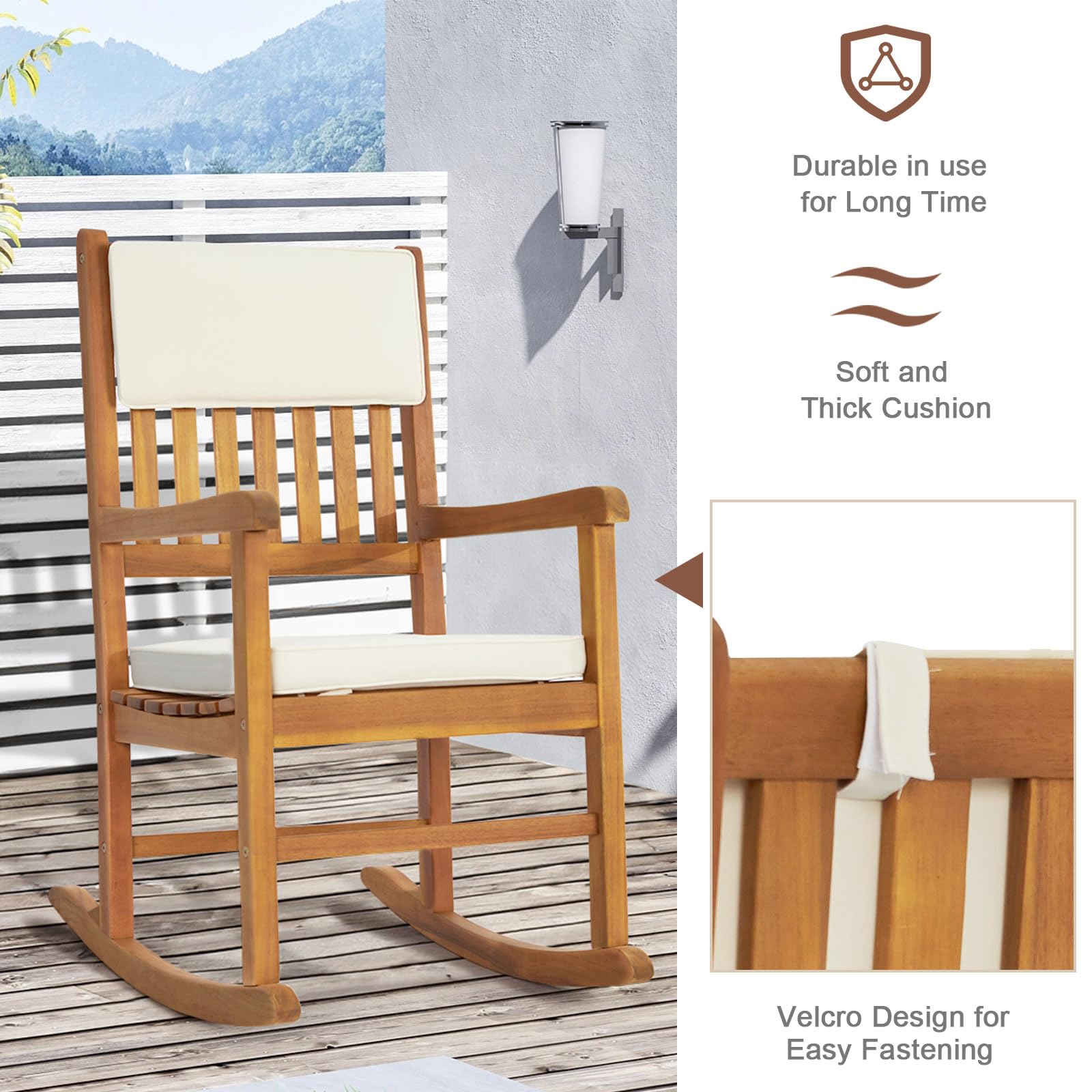 VINGLI Acacia Outdoor Rocking Chair with Cushions, Wooden Rocker Support 550 LBS for Indoors & Outdoors, 1 Pack