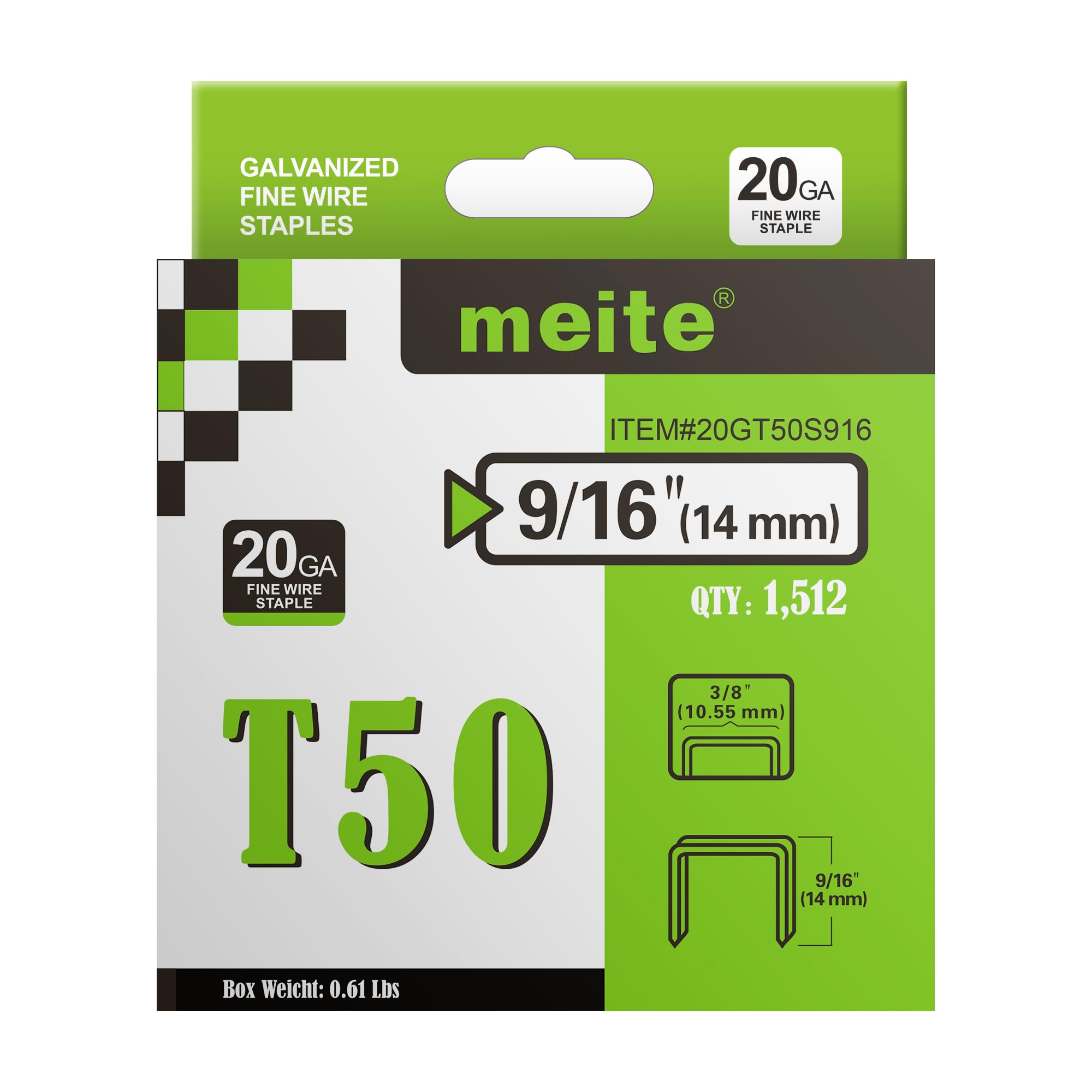 meite T50 Staples, 9/16 Inch Heavy Duty Staples for Staple Gun, 20 Gauge 3/8 Inch Crown Galvanized Upholstery Staples Staple Gun Staples (1,512 Counts)