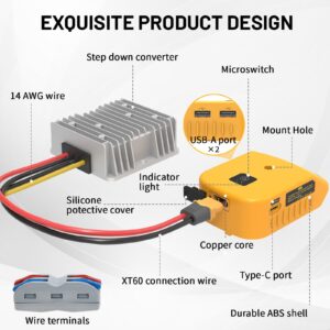 Azocek 20V to 12V Step Down Converter for DeWalt 20V Battery Adapter & New Upgrade USB Charger Adapter, DC 12V Resistive Loads 20A 240W Buck Converter Regulator (1-Pack)