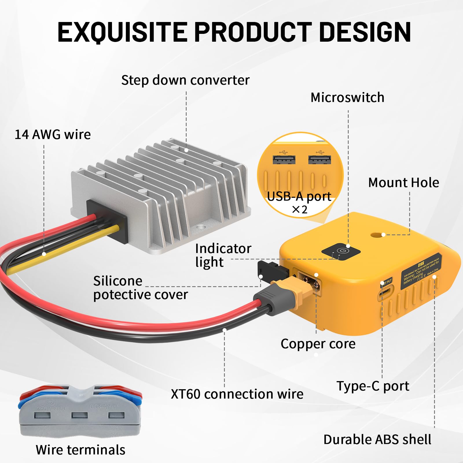 Azocek 20V to 12V Step Down Converter for DeWalt 20V Battery Adapter & New Upgrade USB Charger Adapter, DC 12V Resistive Loads 20A 240W Buck Converter Regulator (1-Pack)