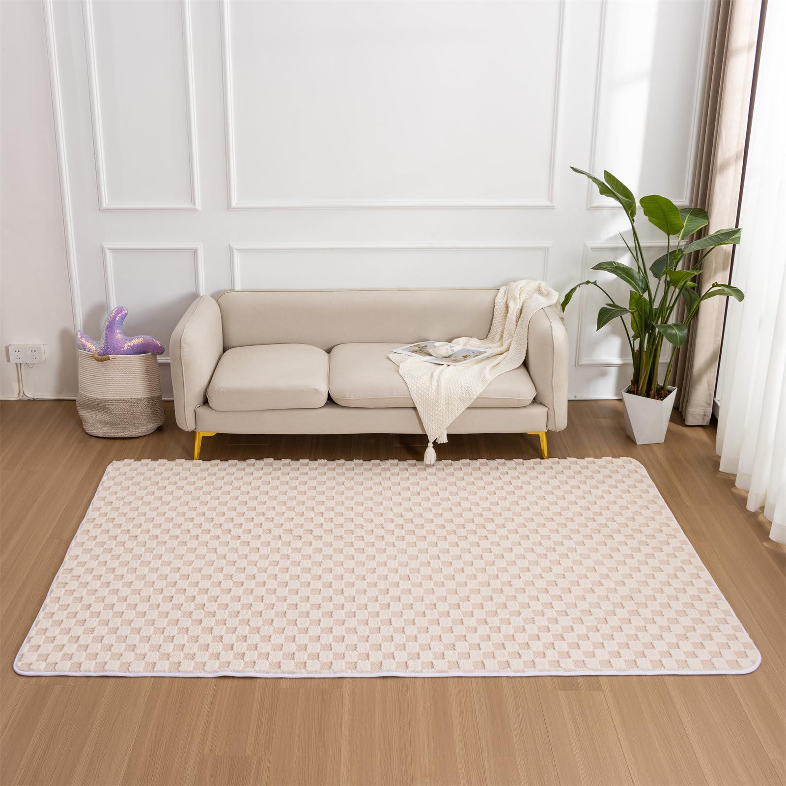 Aimuan Checkered Print Area Rug Cute Checkerboard Rugs Soft Shaggy Carpets Back Non-Slip Mat for Kids Bedroom Living Room Nursery Home Decor (Beige,3x5 Feet)