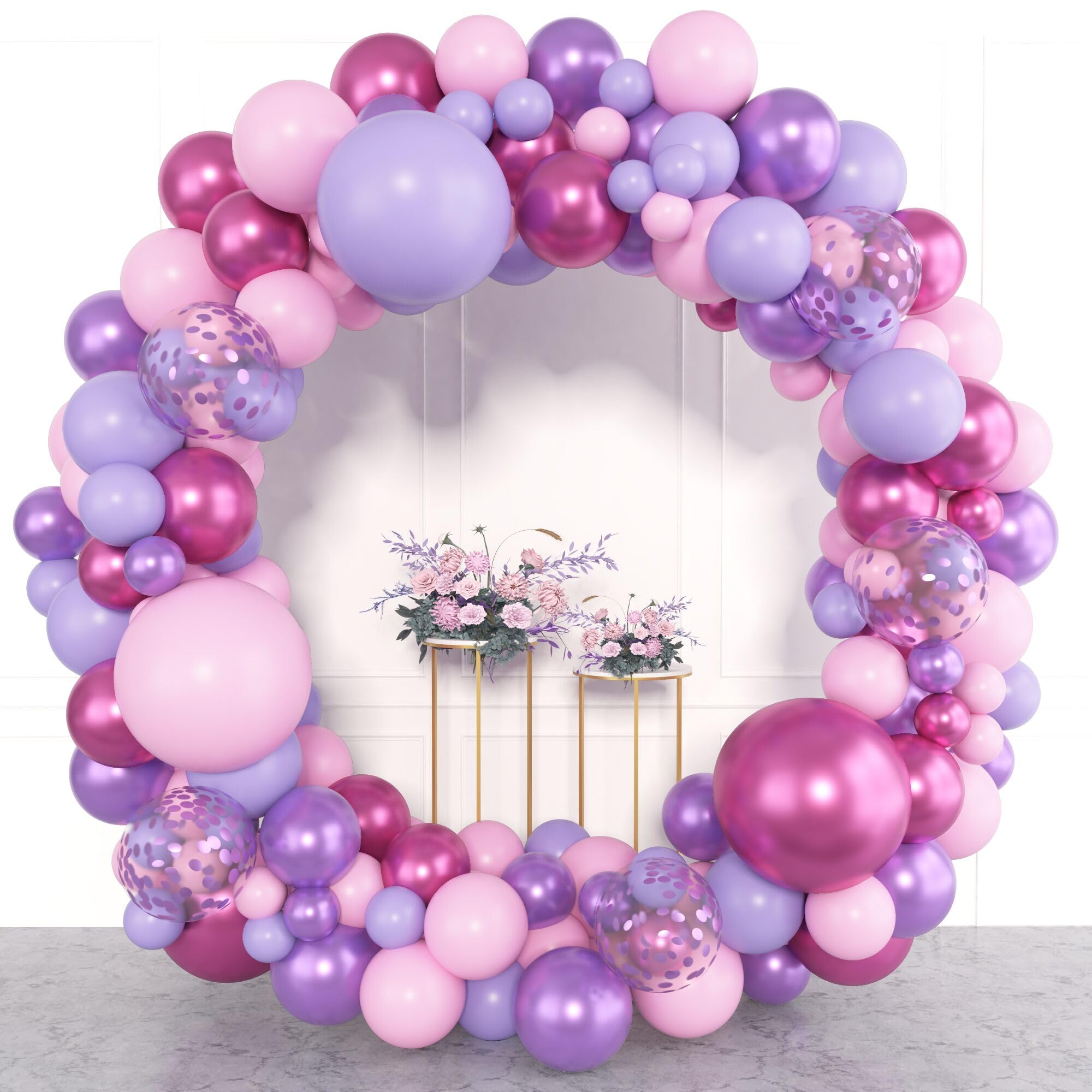 Amandir 153pcs Pink Purple Balloon Garland Arch Kit, Different Sizes 18 12 10 5 inch Pink Purple Red Latex Metallic Confetti Purple Balloons for Girl Women Birthday Bridal Baby Shower Party Decoration