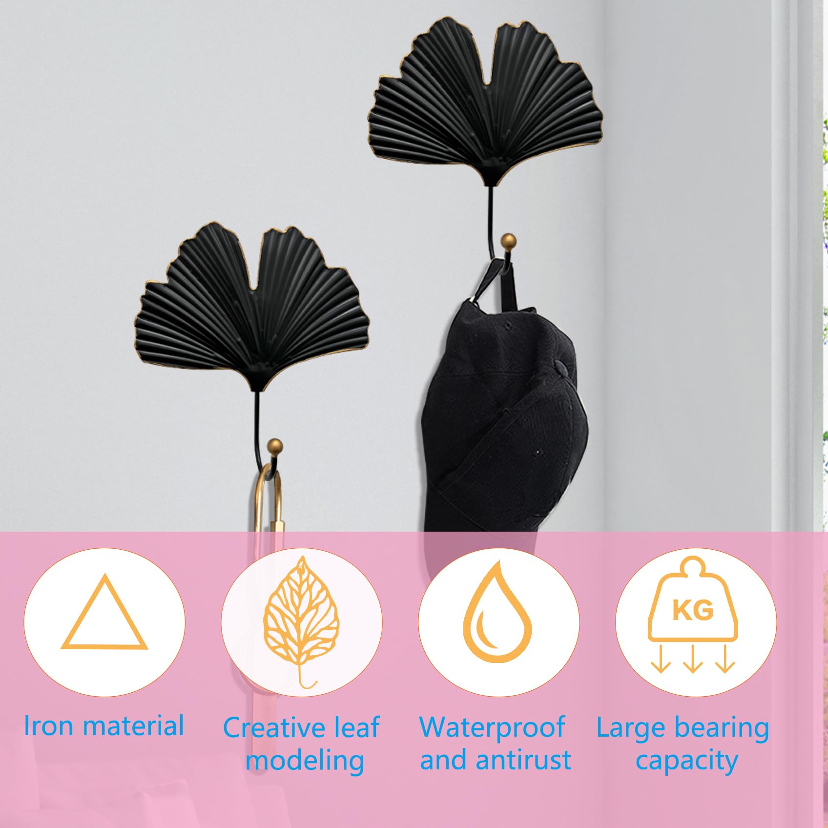 jomajo Iron Single Hooks Modern Leaf Decoration Style for Room Wall Mounted Decoration, Coats, Hats, Handbags Scarves Hanging, Home Decor 2pcs (6in Black)