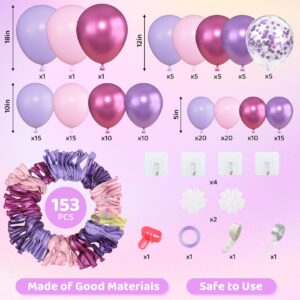 Amandir 153pcs Pink Purple Balloon Garland Arch Kit, Different Sizes 18 12 10 5 inch Pink Purple Red Latex Metallic Confetti Purple Balloons for Girl Women Birthday Bridal Baby Shower Party Decoration