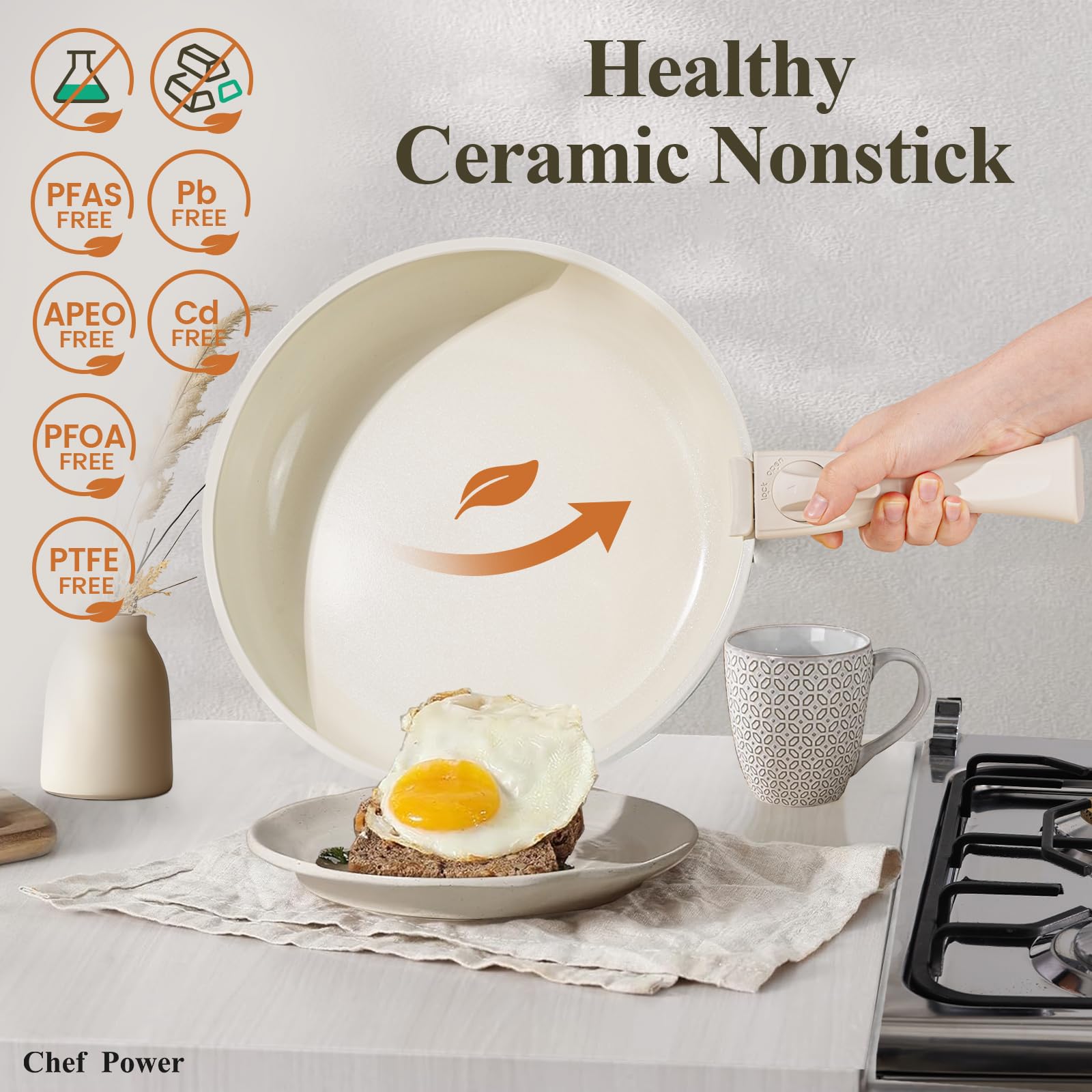 Chef Power Ceramic Cookware Set with Detachable Handles, Healthy Nonstick Pans and Pots Set 19 Pcs, Induction Dishwasher Oven Safe Kitchen Set, PFAS PFOA & PTFE Free, Cream White