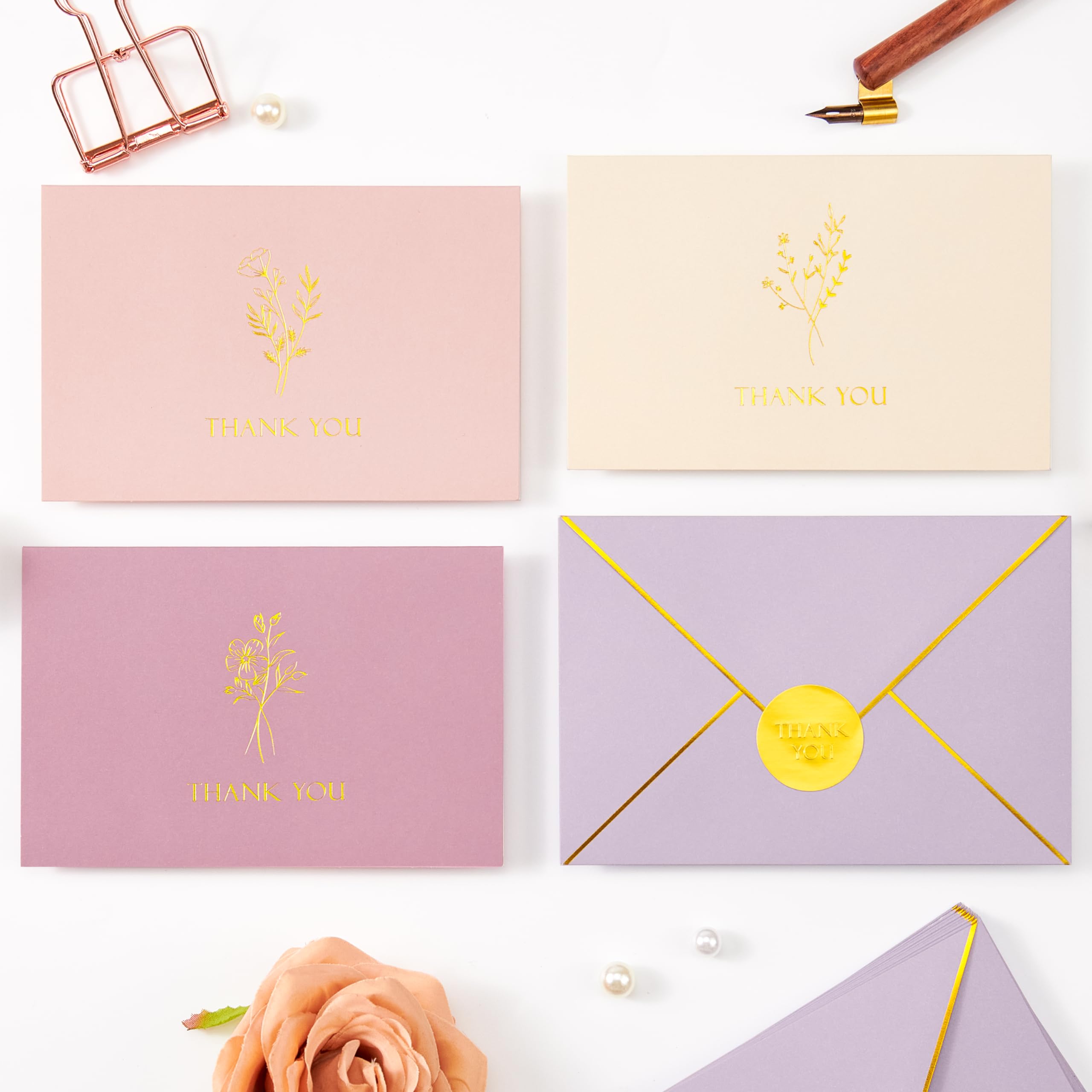 Crisky Thank You Cards with Envelopes & Stickers Gold Foil Minimalism Wildflower 25 Pack Greeting Notes Bulk for Birthday, Baby Shower,Bridal Shower, Wedding, Graduation Blank Inside