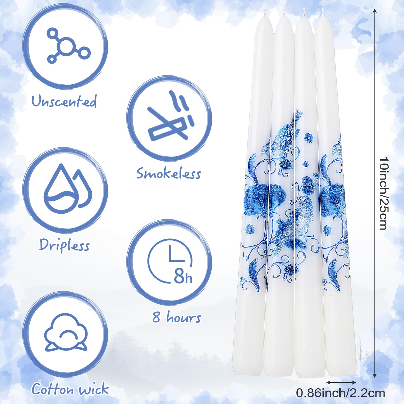 Conelist Chinoiserie Taper Candles Set of 4, 10 Inch Decorative Taper Candles Willow Decor Chinoiserie Room Table Decor for Home Bedroom Wedding Party (Blue and White)