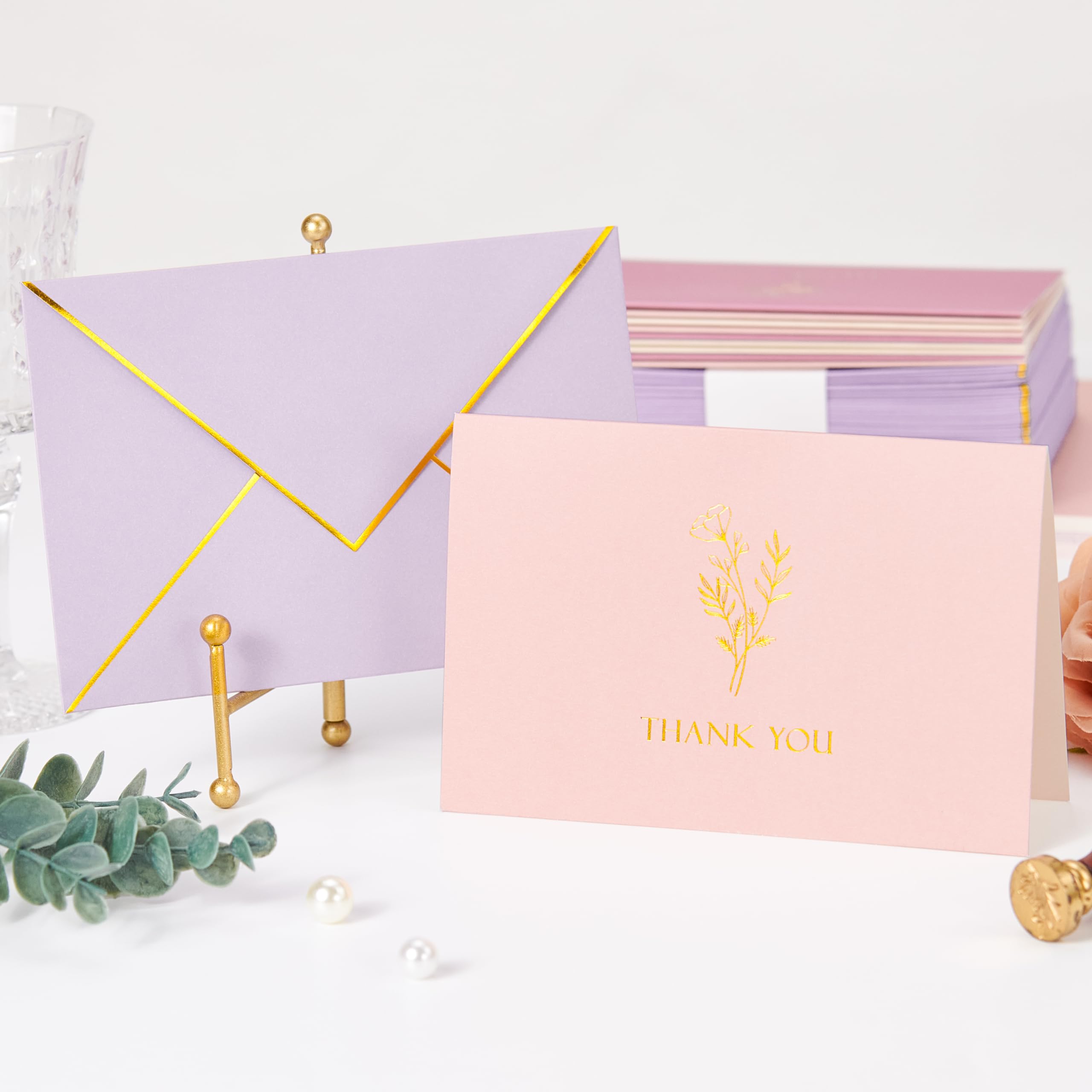 Crisky Thank You Cards with Envelopes & Stickers Gold Foil Minimalism Wildflower 25 Pack Greeting Notes Bulk for Birthday, Baby Shower,Bridal Shower, Wedding, Graduation Blank Inside