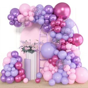 amandir 153pcs pink purple balloon garland arch kit, different sizes 18 12 10 5 inch pink purple red latex metallic confetti purple balloons for girl women birthday bridal baby shower party decoration