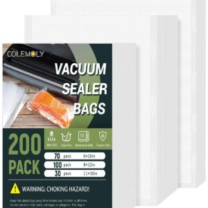 Colemoly Vacuum Sealer Bags for Food 200 Count Gallon 11" x 16", Quart 8" x 12" and Pint 6" x 10" Commercial Grade BPA Free Precut Vacuum Seal Bags for Meal Prep Storage Sous Vide