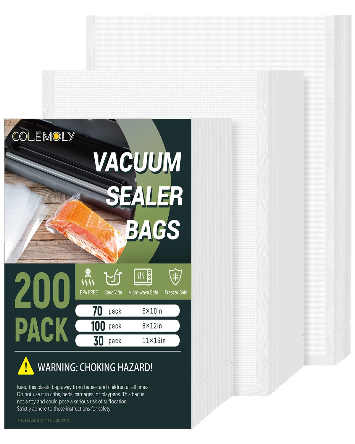 Colemoly Vacuum Sealer Bags for Food 200 Count Gallon 11" x 16", Quart 8" x 12" and Pint 6" x 10" Commercial Grade BPA Free Precut Vacuum Seal Bags for Meal Prep Storage Sous Vide