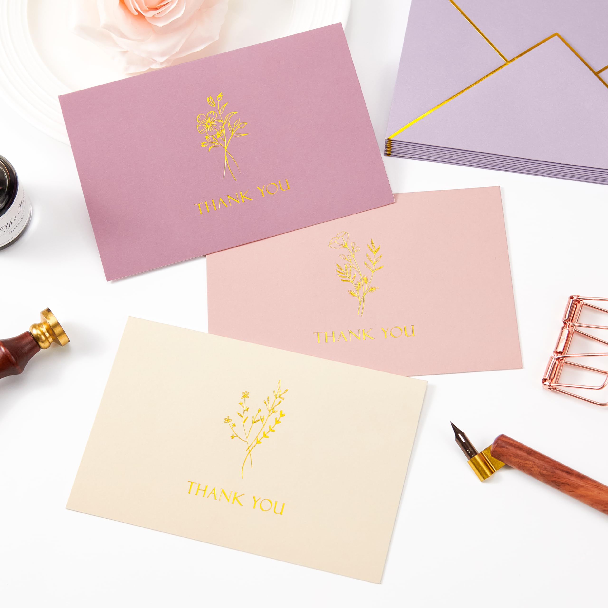 Crisky Thank You Cards with Envelopes & Stickers Gold Foil Minimalism Wildflower 25 Pack Greeting Notes Bulk for Birthday, Baby Shower,Bridal Shower, Wedding, Graduation Blank Inside