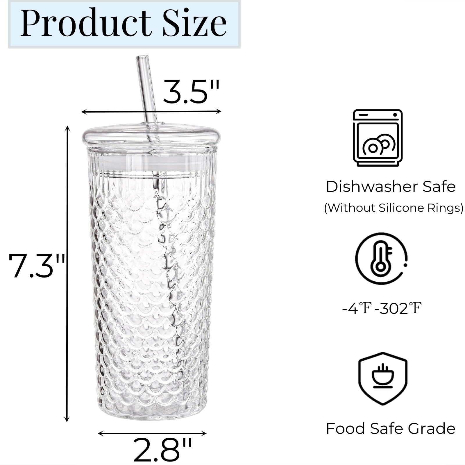 Tlence 2 Pack Glass Tumbler Cup With Lids and Straws, 25 OZ High Borosilicate Iced Coffee Cup, Embossed Fish Scale Glass Travel Mug for Smoothie Bubble Tea Juice Milk Water