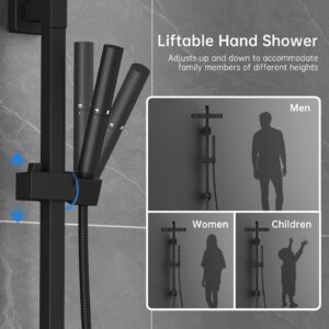 BESy Brass Shower Arm, Square 10 Inch Rainfall Shower Head with Handheld Spray Combo, Dual Showerhead Rain Set 2 Setting Hand Held Sprayer with Adjustable Slide Bar, With Shower Hose, Matte Black