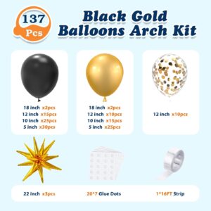 137Pcs Black and Gold Balloons Garland Arch Kit with Stars - 5 10 12 18 inch Black Gold Confetti Latex Party Balloons for 2024 Graduation Retirement Decorations Birthday