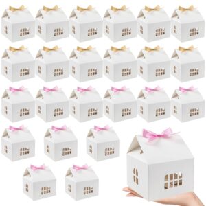 codohi 24pcs house shaped gift boxes paper house boxes with ribbons for treats, house gift box treat boxes for dessert, fancy cookie boxes for gift giving