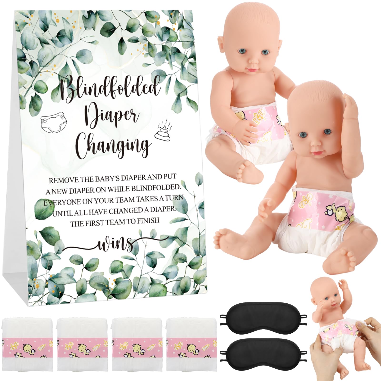 Lineshading 9 Pcs Baby Shower Game Supplies for Blindfold Diaper Changing Baby Dolls with Blindfolds Diapers Baby Changing Diaper Race Game Set for Baby Shower (Green,Leaves)