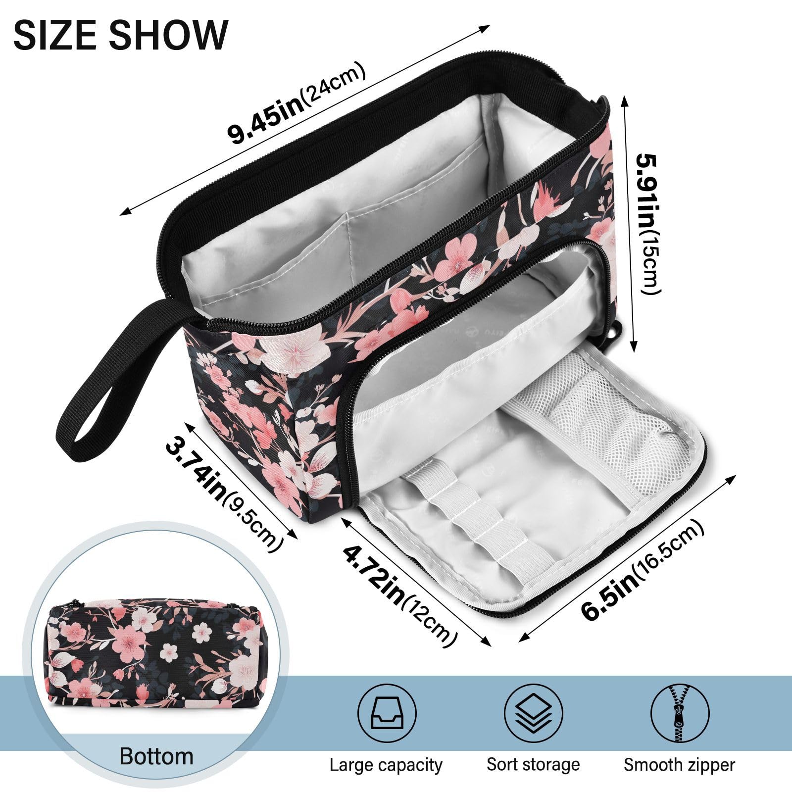 Generic Cherry Blossom Floral Large Pencil Case Pouch Pen Case for Girls Boys Adults Big Capacity Portable Pen Case Bag with Zipper Pencil Cases Pouches for Study Middle School Office College Desk