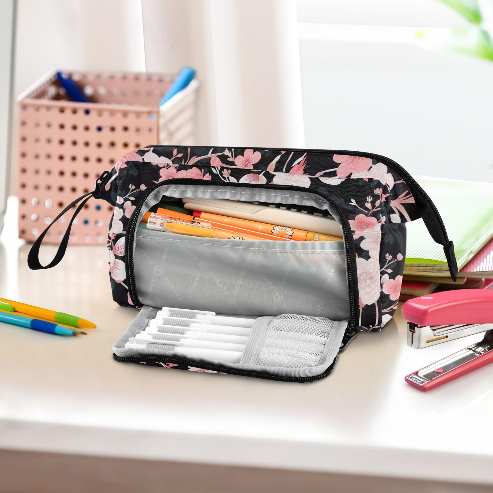 Generic Cherry Blossom Floral Large Pencil Case Pouch Pen Case for Girls Boys Adults Big Capacity Portable Pen Case Bag with Zipper Pencil Cases Pouches for Study Middle School Office College Desk