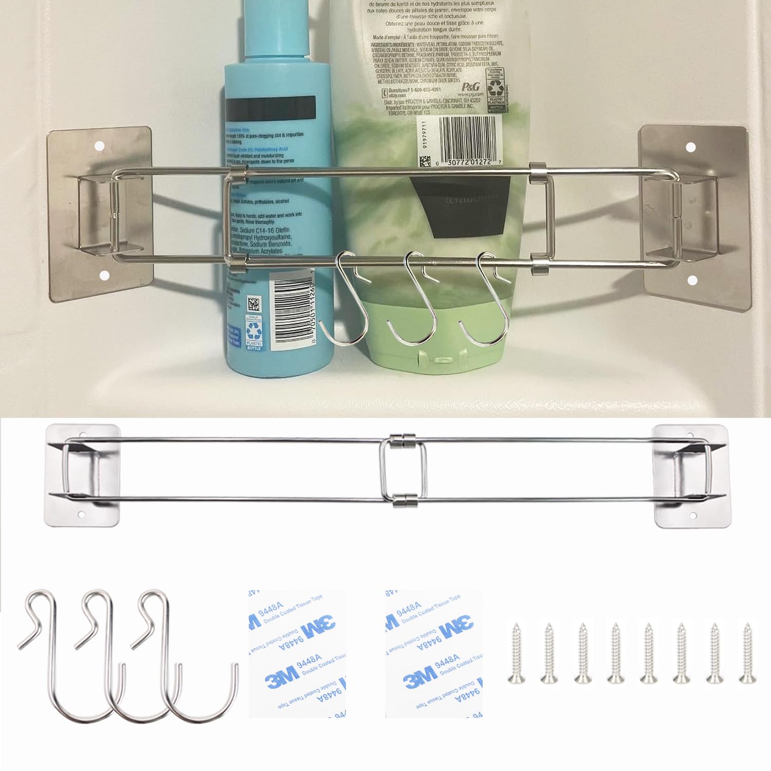 1 Pack Rv Shower Corner Storage Bar with 3 S-Hooks-Adjustable Stainless Steel Rod Bathroom Shelf Retainer Bars Stick On Rv Organization and Storage Accessories Inside Camper Travel Trailer Must Haves