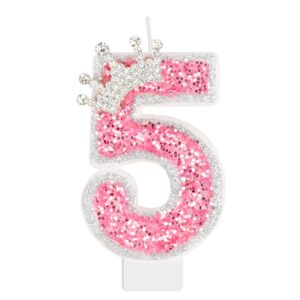 dajisi 2.95 inch birthday candle for cake, pink birthday candles number candles for birthday cakes with crown large sparkler candles for cake topper decoration (pink crown 5)