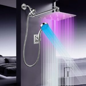 Shower Head with LED, High Pressure 10'' Rain Shower Head with 11'' Adjustable Extension Arm, LED Shower Head Color Changing Based On Water Temperture, Stainless Steel Shower Head with Hose, Chrome