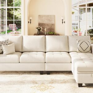 Belffin Velvet Reversible Sectional Sofa with Chasie Convertible L Shaped 4-seat Sectional Couch with Storage Ottoman Beige