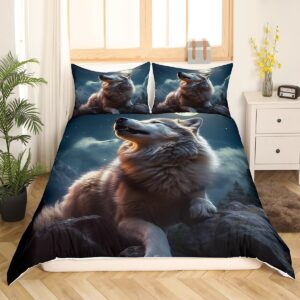 Feelyou Wolf Bedding Set Queen Size, Wolf Animal Duvet Cover Kids Boys Girls Wild Wolf Comforter Cover Kids Wolf Bedspread Cover Soft Quilt Cover 3Pcs(No Comforter)