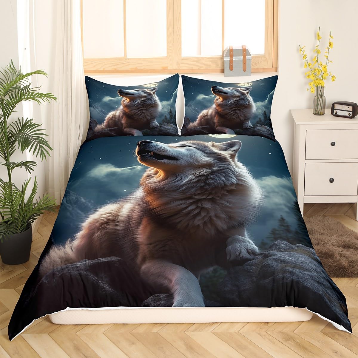 Feelyou Wolf Bedding Set Queen Size, Wolf Animal Duvet Cover Kids Boys Girls Wild Wolf Comforter Cover Kids Wolf Bedspread Cover Soft Quilt Cover 3Pcs(No Comforter)