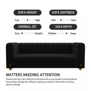 BuLaXong Velvet Couch Modern Tufted Sofa 3-Seater with Metal Ball Legs and Rounded armrest, Suitable for Living Room, Hotel, Office, or Apartment (01-black-51)