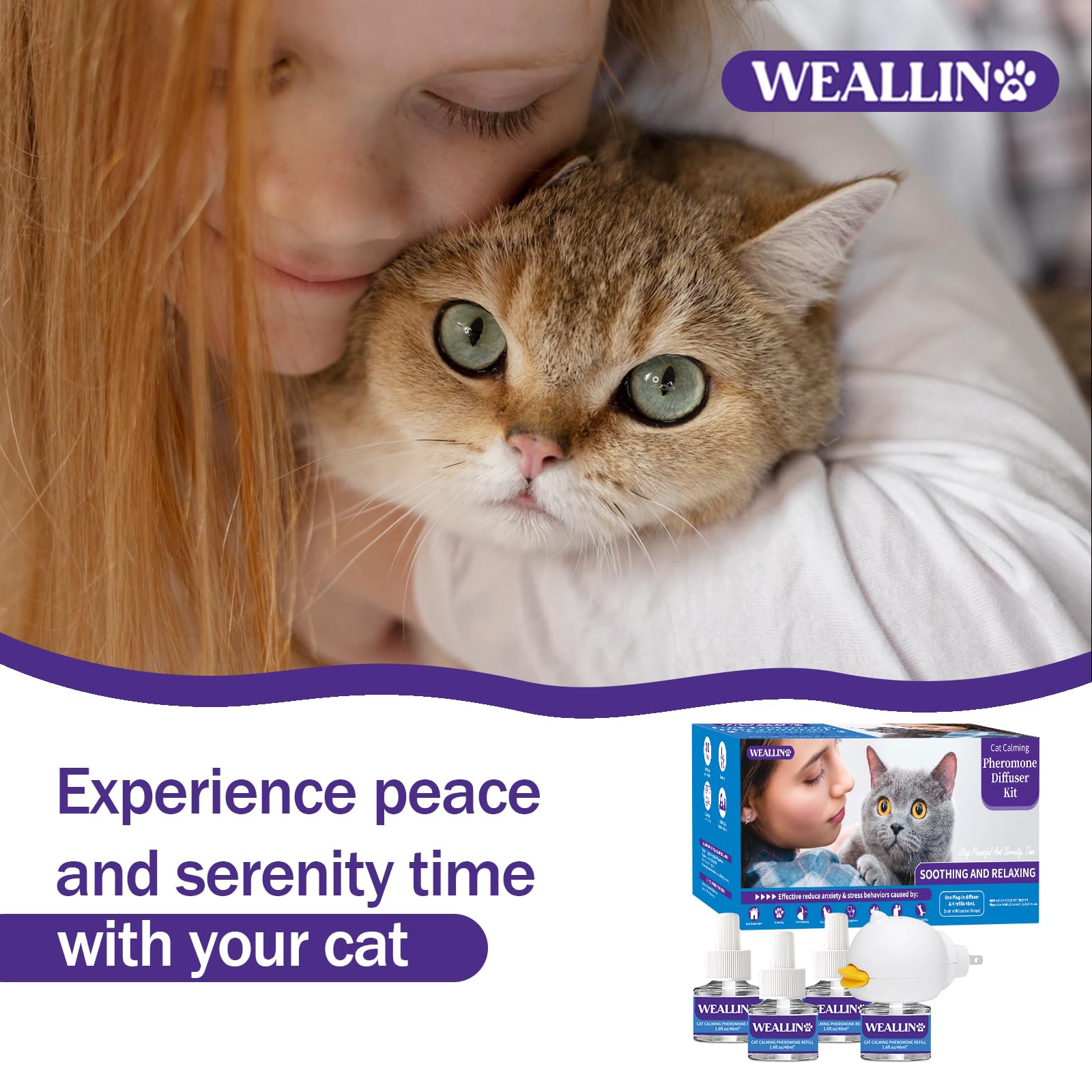 WEALLIN Cat Pheromones Calming Diffuser - Cat Calming Diffuser Kit Relieve Anxiety & Stress - 5-in-1 Cat Pheromone Diffuser Kit with 1 Diffuser + 4 Refill 48ml Vial-120 Days of Comfort and Relaxation