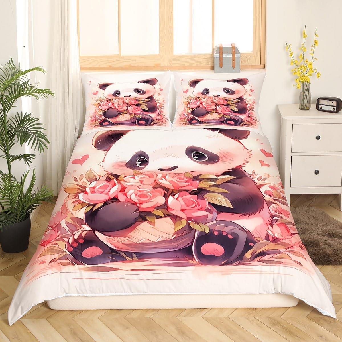 Feelyou Panda Bedding Set Twin, Cute Panda Duvet Cover Cartoon Panda Comforter Cover Kids Toddler Boys Girls Kids Panda Bedspread Cover Microfiber Bed Set with 1 Pillow Case(No Comforter)