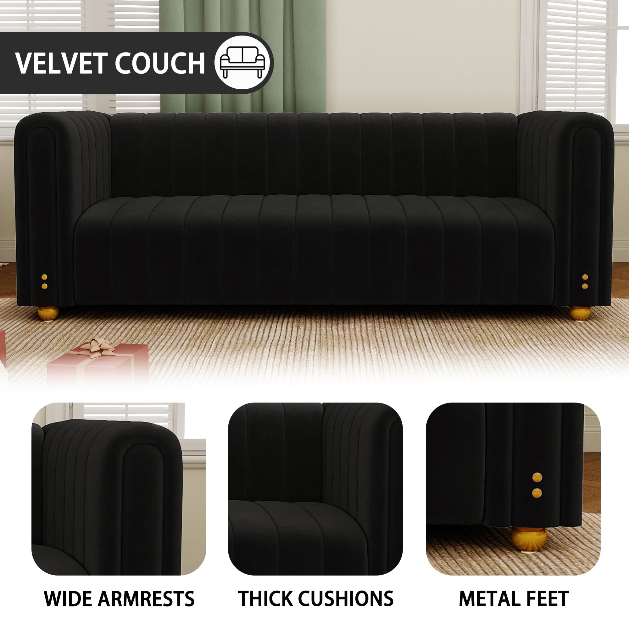 BuLaXong Velvet Couch Modern Tufted Sofa 3-Seater with Metal Ball Legs and Rounded armrest, Suitable for Living Room, Hotel, Office, or Apartment (01-black-51)