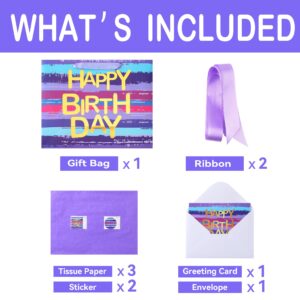 16.5” Extra Large Purple-blue Multicolor Watercolor Gift Bag Set with Greeting Card and Lavender Tissue Papers (Gold Foil ‘Happy Birthday’) for Women's or Men's Birthday Party, Girls', Boys' or Kids' Party, Baby Shower, Baby Girl or Boy -16.5”x5.5”x12.6”,