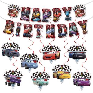 cars birthday decorations include swirls of hanging cartoon cars and happy birthday baby banners, as well as party favors for children.