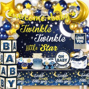 202pcs twinkle twinkle little star baby shower decorations, twinkle twinkle little star gender reveal decorations, navy blue white gold moon and stars baby shower decorations for baby gender reveal