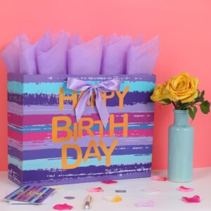 16.5” Extra Large Purple-blue Multicolor Watercolor Gift Bag Set with Greeting Card and Lavender Tissue Papers (Gold Foil ‘Happy Birthday’) for Women's or Men's Birthday Party, Girls', Boys' or Kids' Party, Baby Shower, Baby Girl or Boy -16.5”x5.5”x12.6”,