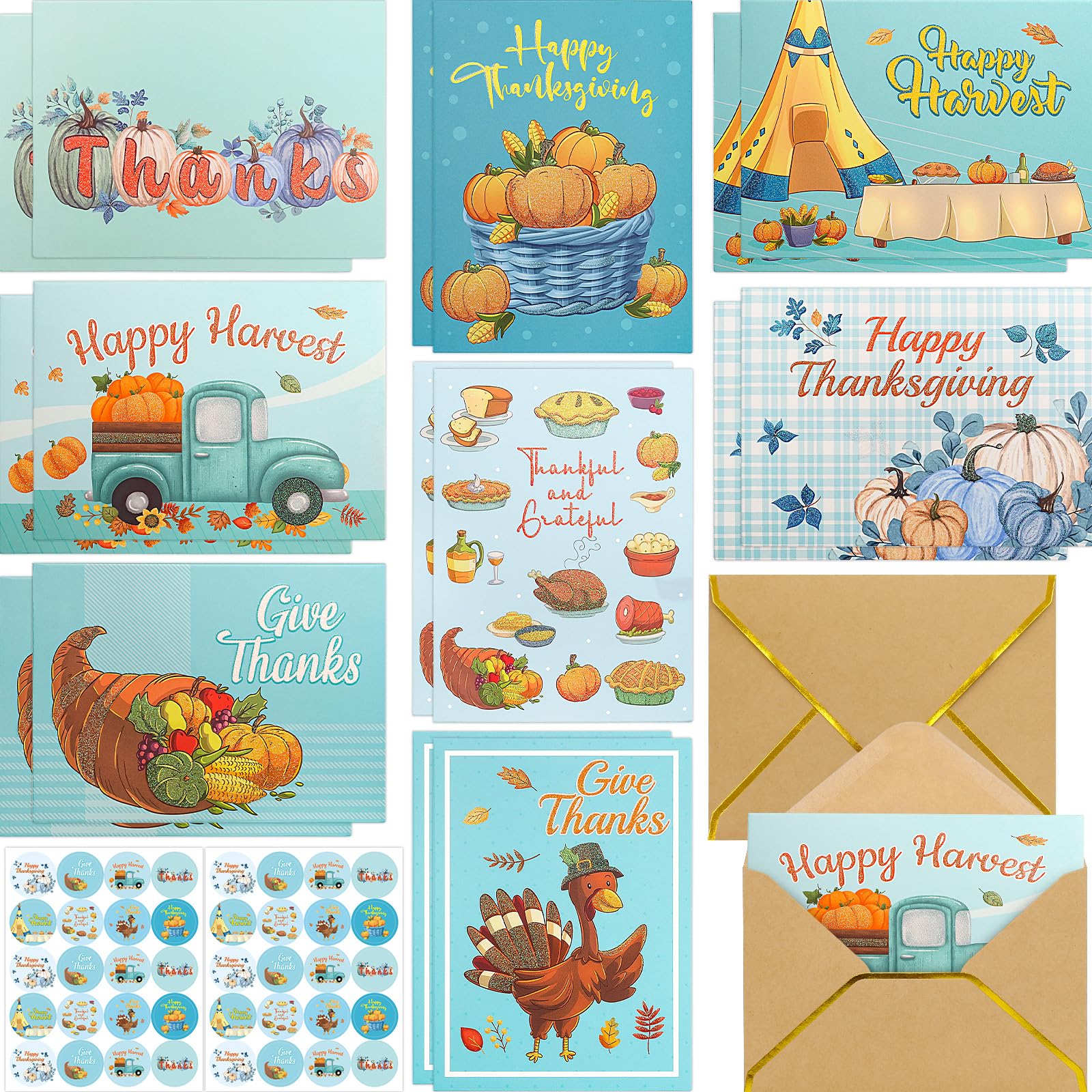 WorldBazaar Glitter Thanksgiving Greeting Cards with Envelopes 24 Pack Blue Thanksgiving Blank Inside Cards Bulk Party Supplies Turkey Harvest Thanks