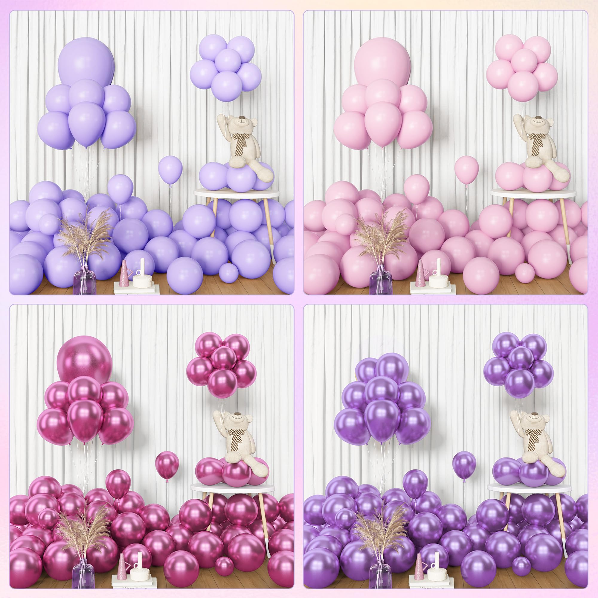 Amandir 153pcs Pink Purple Balloon Garland Arch Kit, Different Sizes 18 12 10 5 inch Pink Purple Red Latex Metallic Confetti Purple Balloons for Girl Women Birthday Bridal Baby Shower Party Decoration